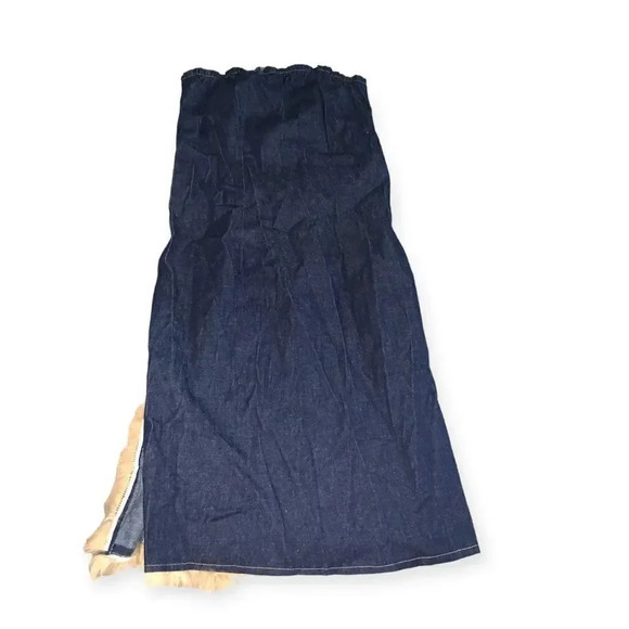 Y2k fur trim denim strapless dress - Picture 1 of 4